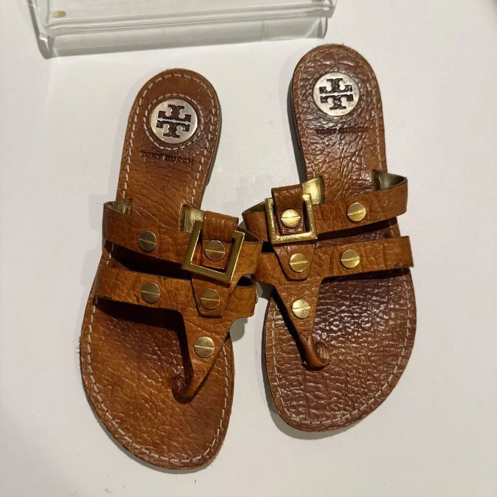 Vintage Tory Burch studded leather thong sandals pebbled tan leather sz 6.5